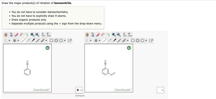 Draw the major product s of nitration of benzonitrile